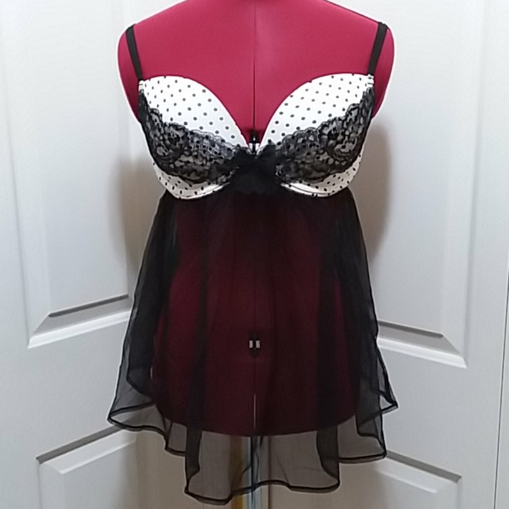 Victoria's Secret Y2K Babydoll padded bra sheer polka dot black lace